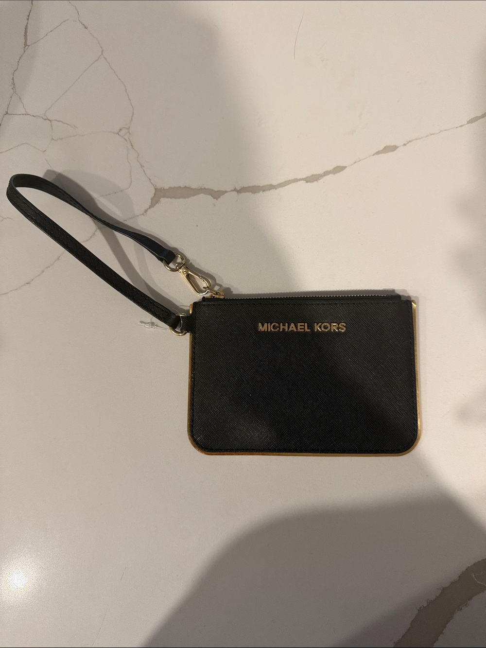 Michael Kors Black Leather Zip Wristlet Card Pouch with Gold Logo